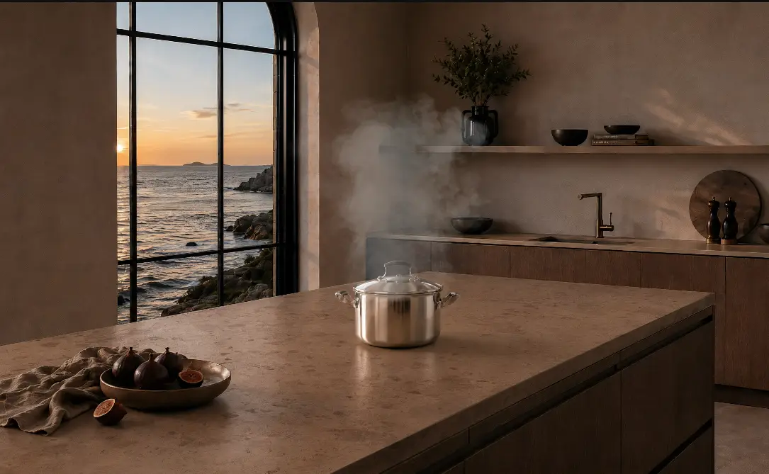 Isola cucina con pentola su piano a induzione invisibile e vista mare
